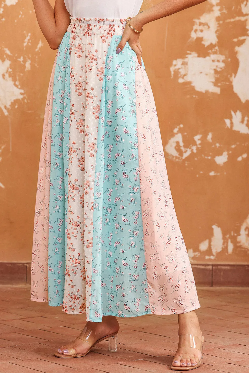 Countryside Floral Color Block Smocked Waist Maxi Skirt