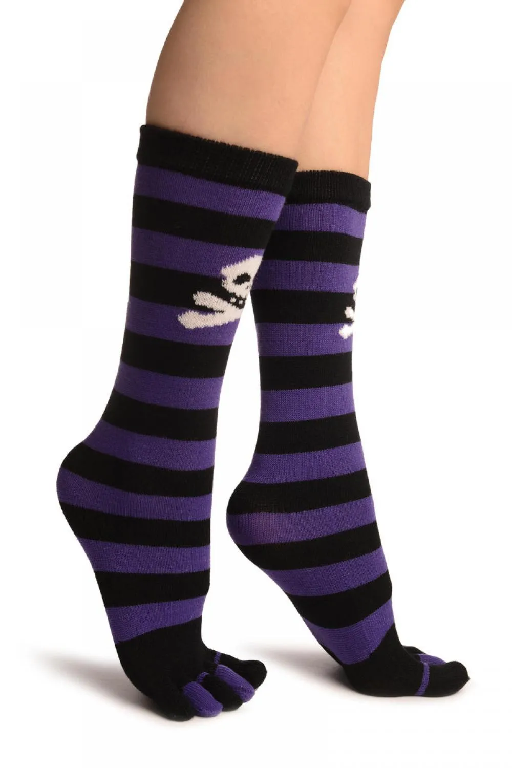 Crossbones On Black & Purple Stripes Toe Socks