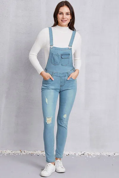 Distressed Washed Denim Overalls with Pockets