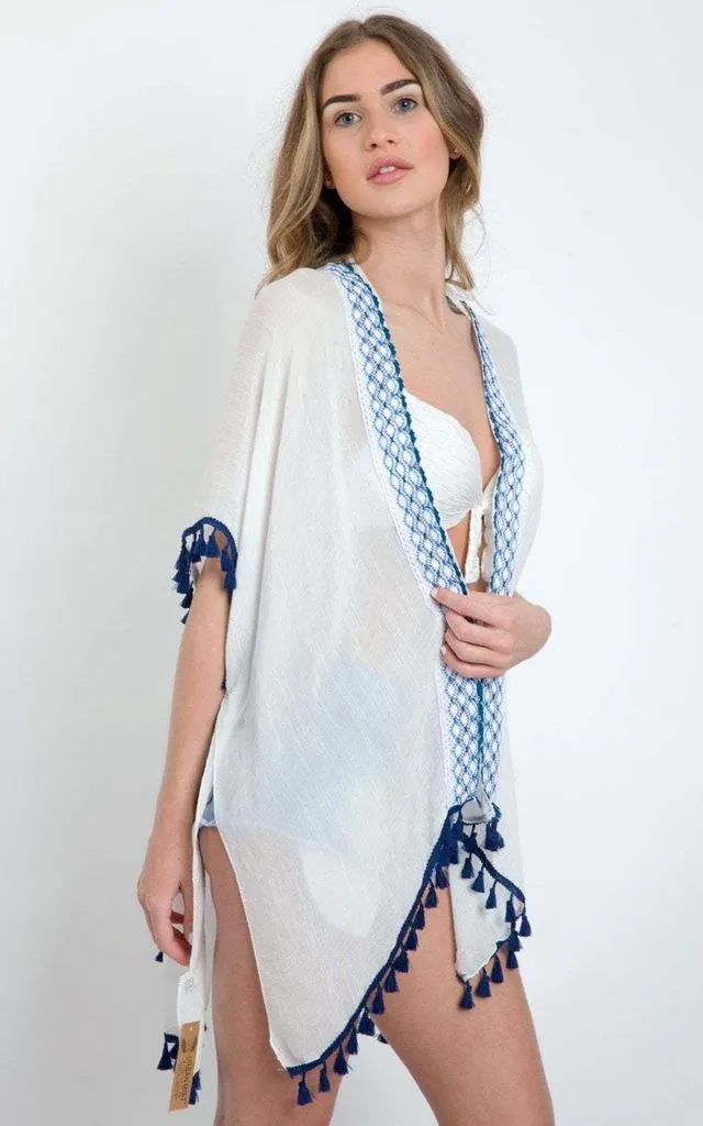 Embroidered Open Front Tassel Kimono