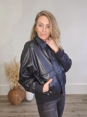 Faux Leather Bomber Jacket - Black