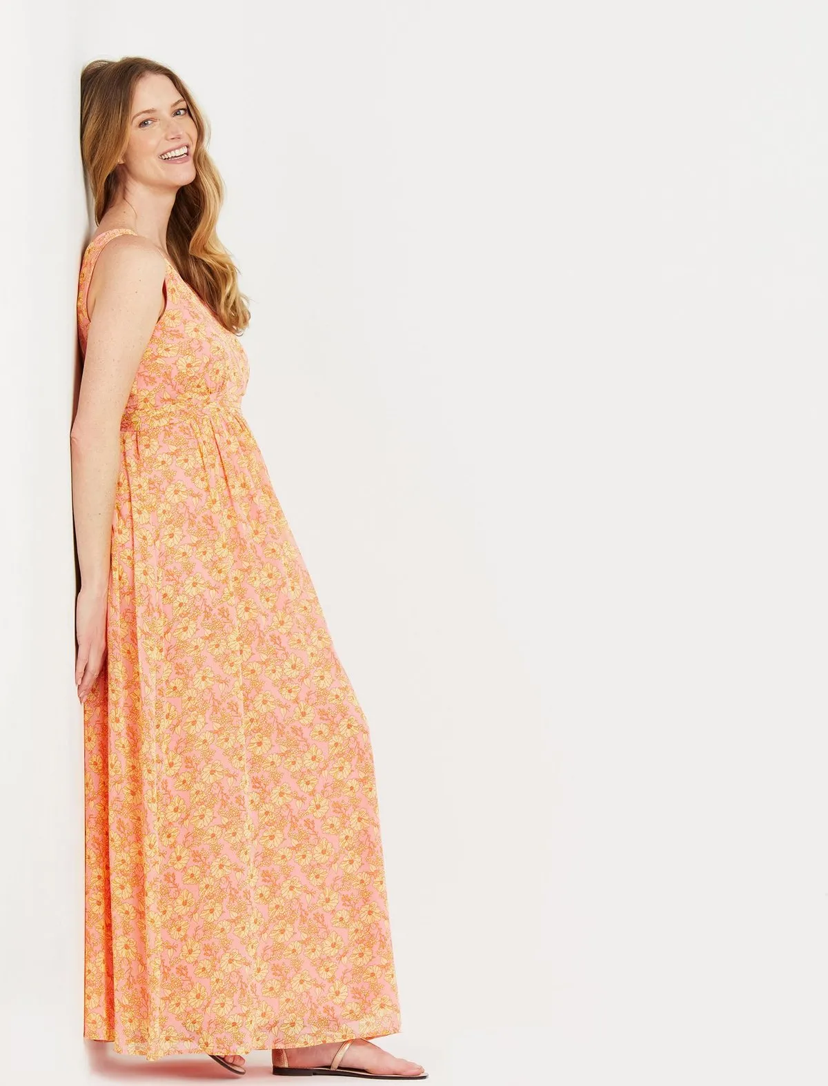 Floral Chiffon Maternity Maxi Dress in Pink Yellow Floral