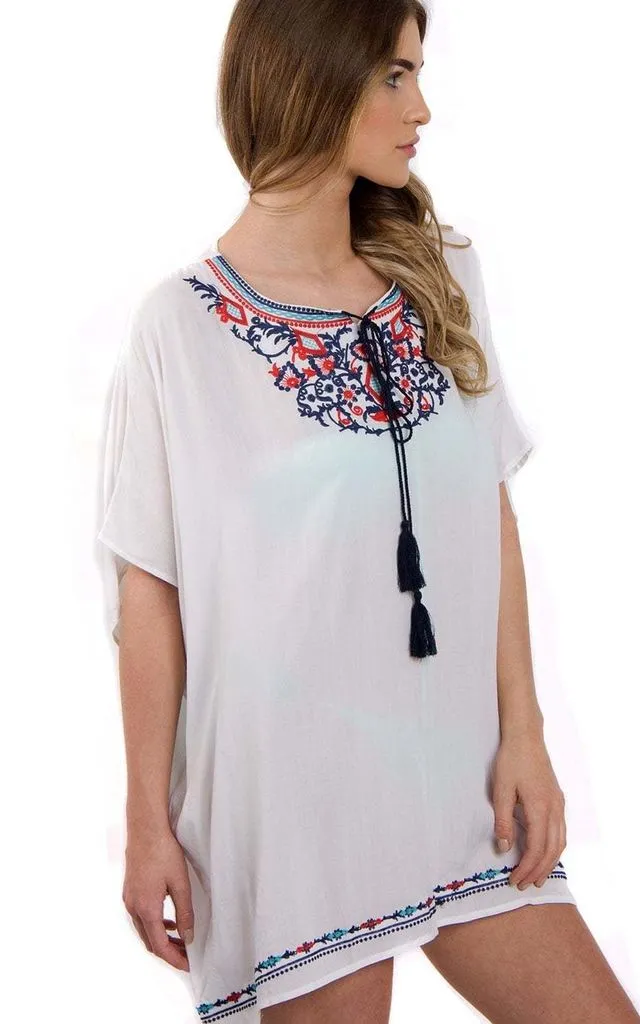 Floral Embroidered Loose Kaftan Top With Tie Front