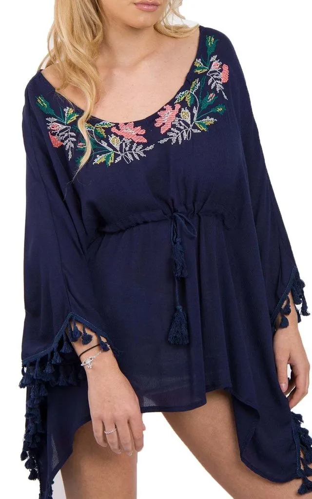 Floral Embroidery Belt Tassel Trim Kaftan Top