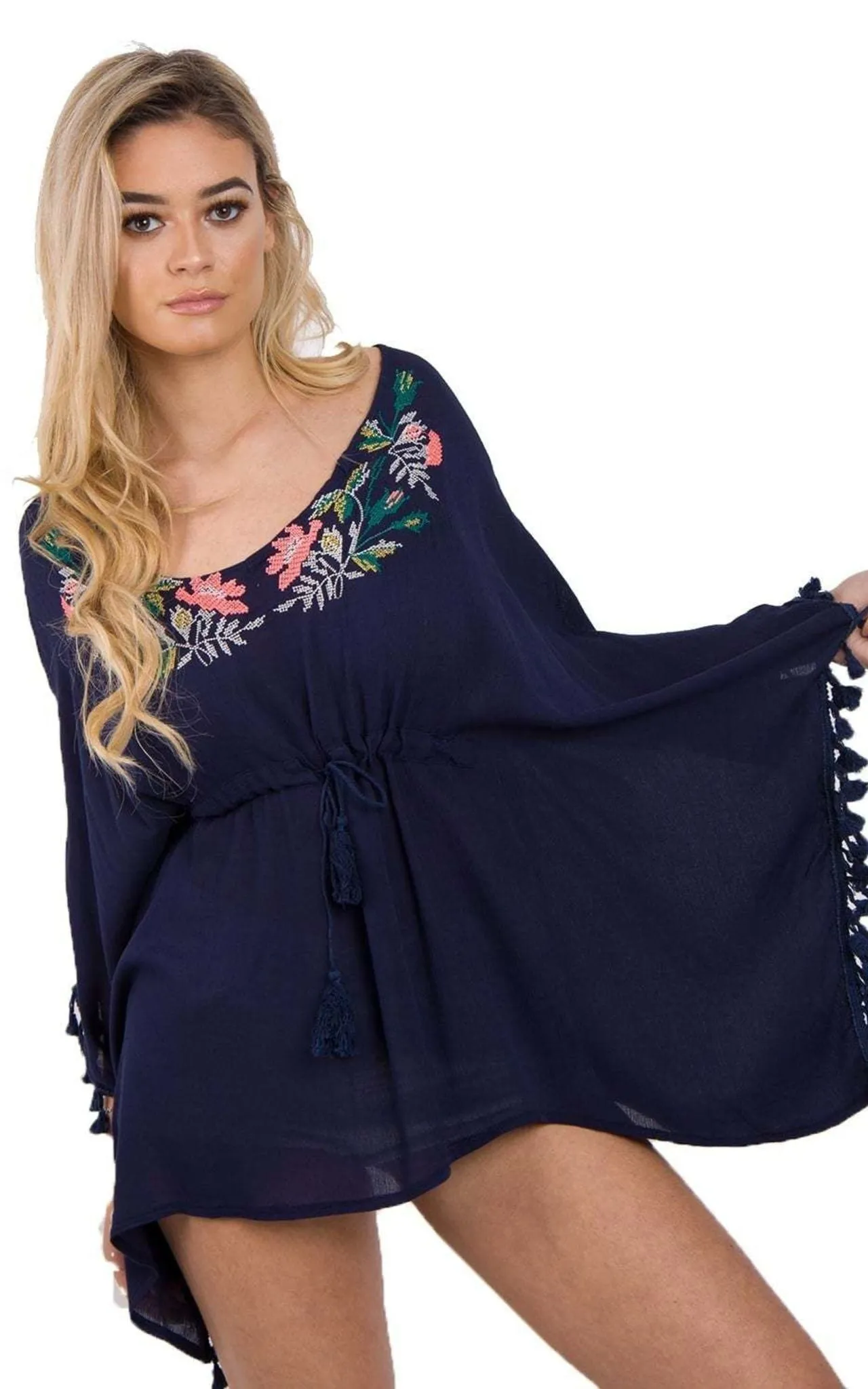 Floral Embroidery Belt Tassel Trim Kaftan Top