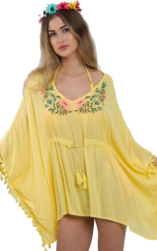 Floral Embroidery Belt Tassel Trim Kaftan Top