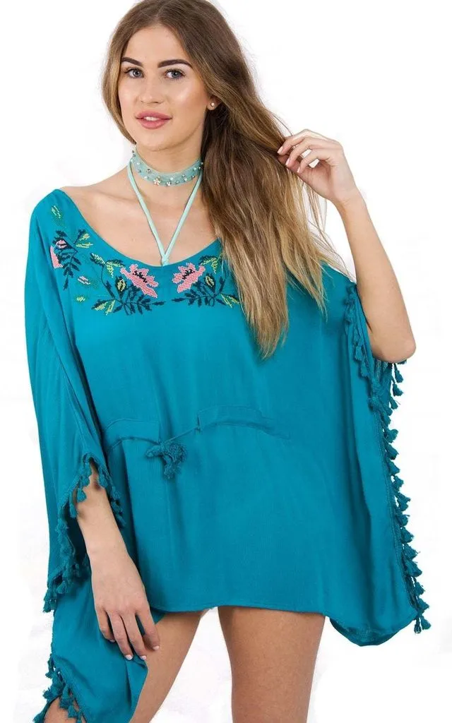 Floral Embroidery Belt Tassel Trim Kaftan Top