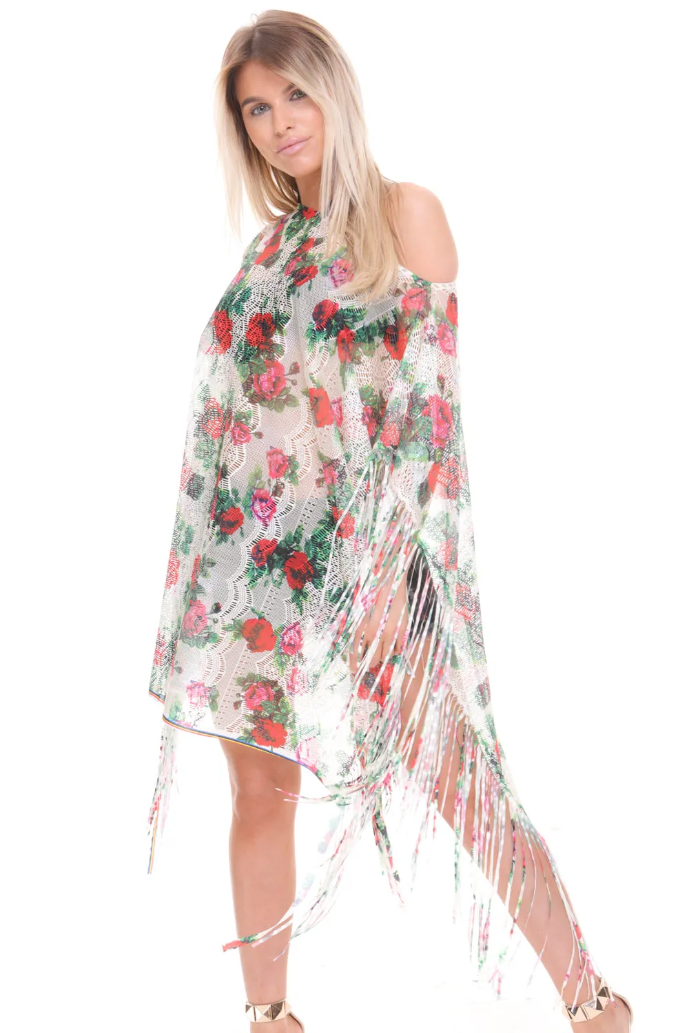 Floral Print Sheer Tassel Trim Holiday Kaftan Top