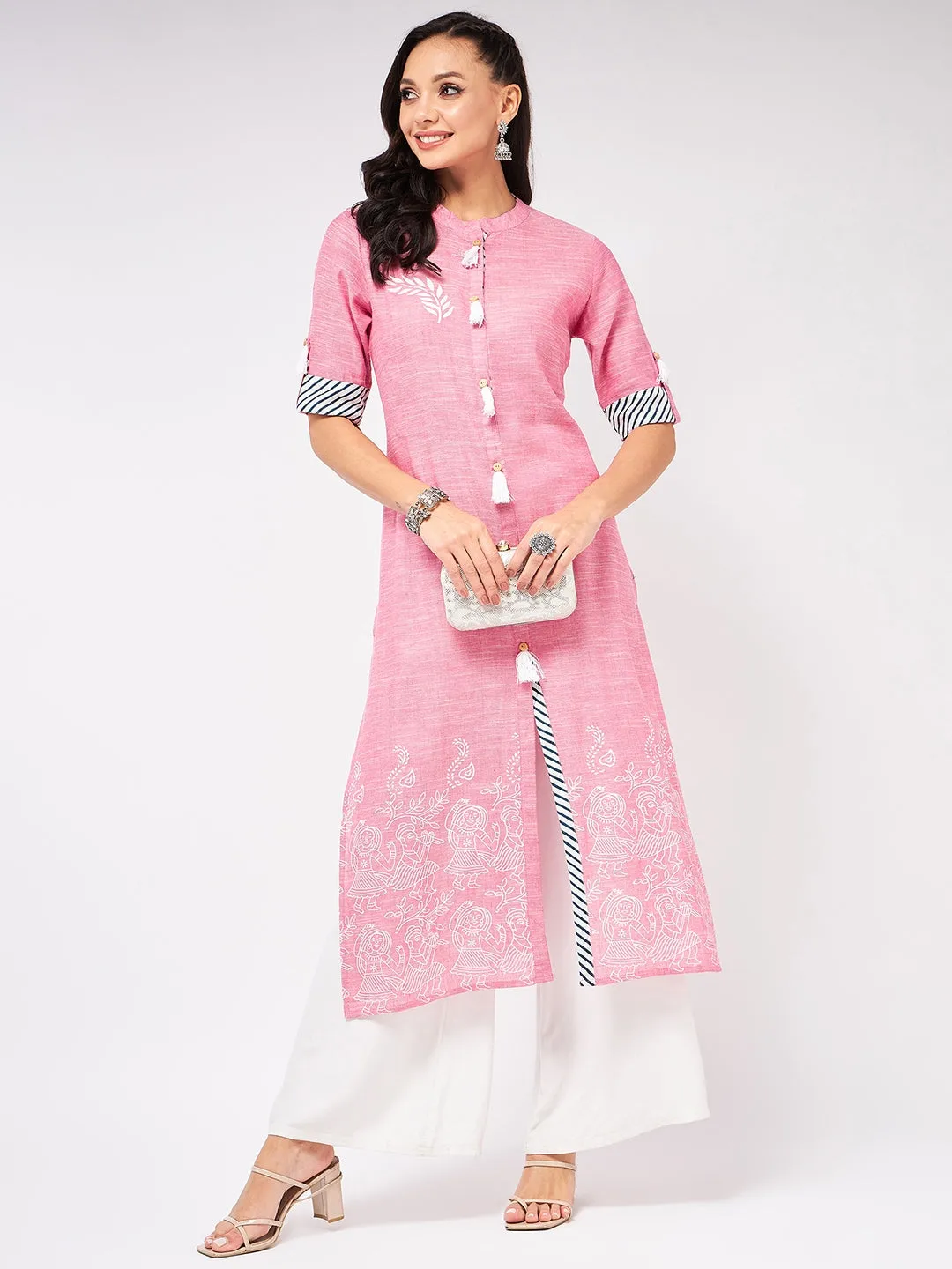 Front Tassel Printed Chambray Kurta