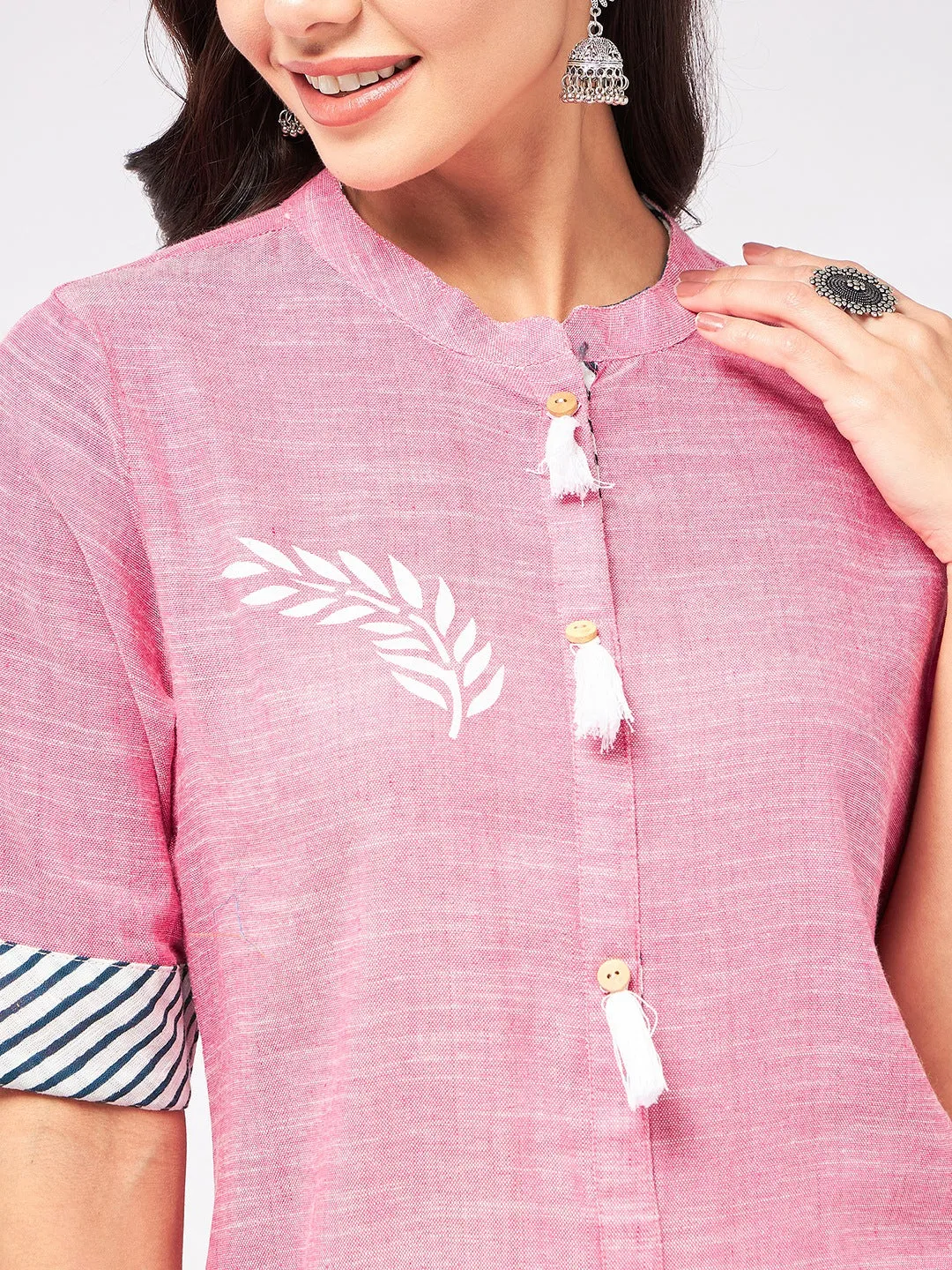 Front Tassel Printed Chambray Kurta