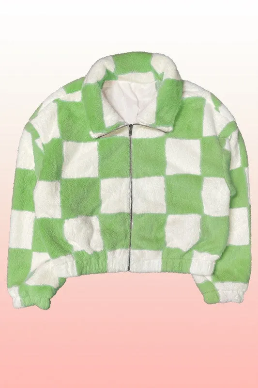 Fuzzy checkered zip front jacket