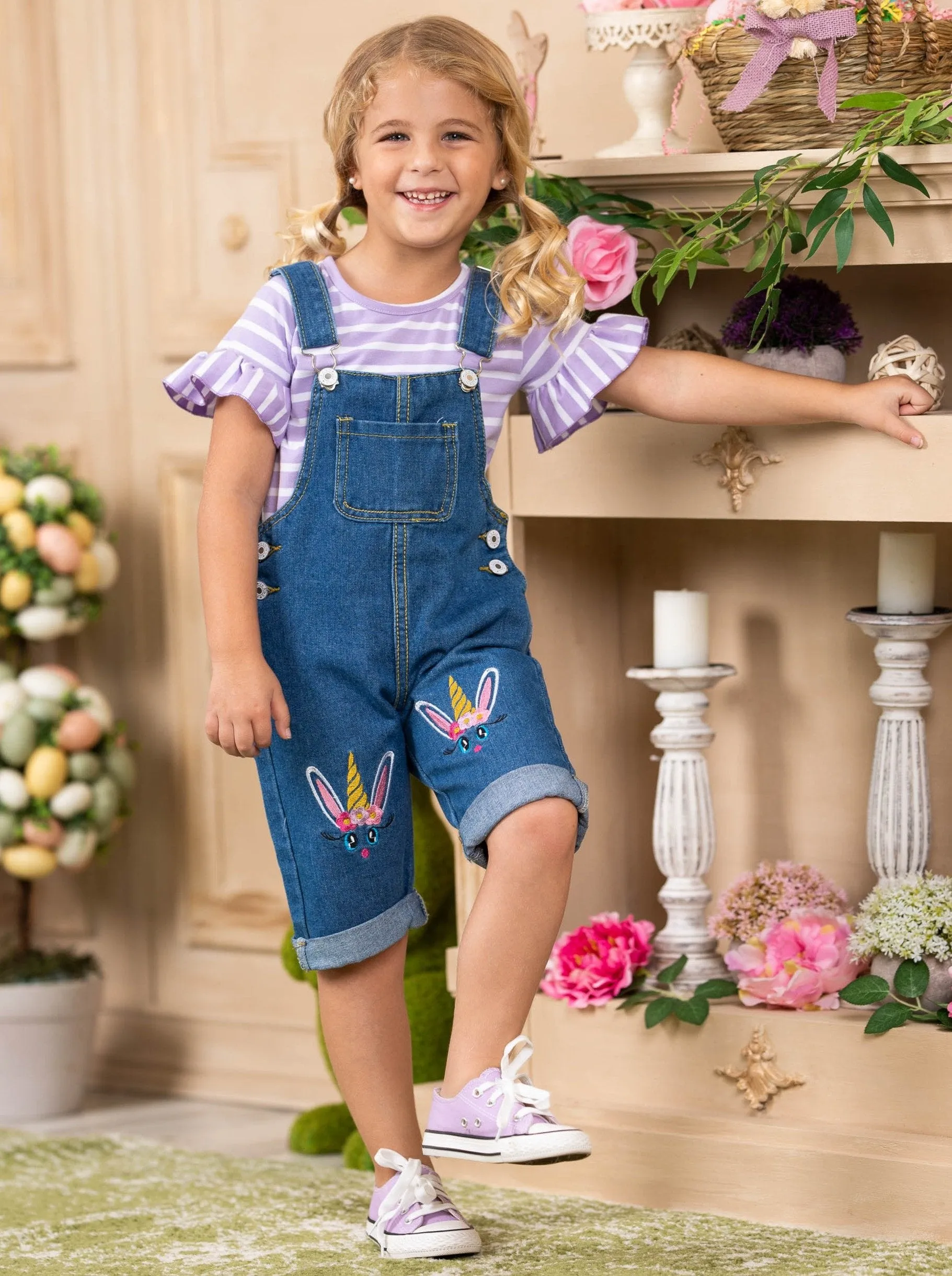 Girls Carefree Days Top with Denim Overall Set