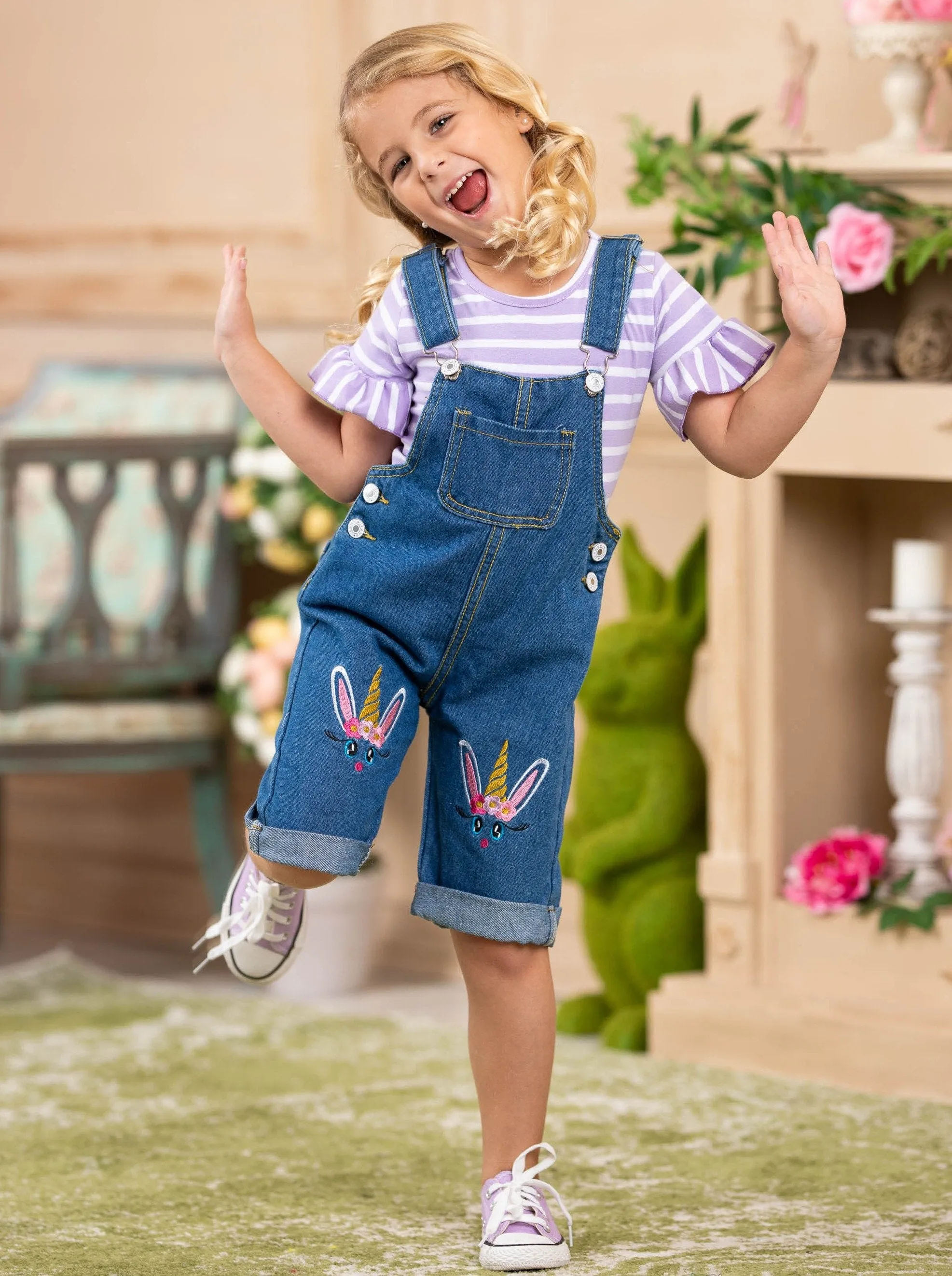 Girls Carefree Days Top with Denim Overall Set