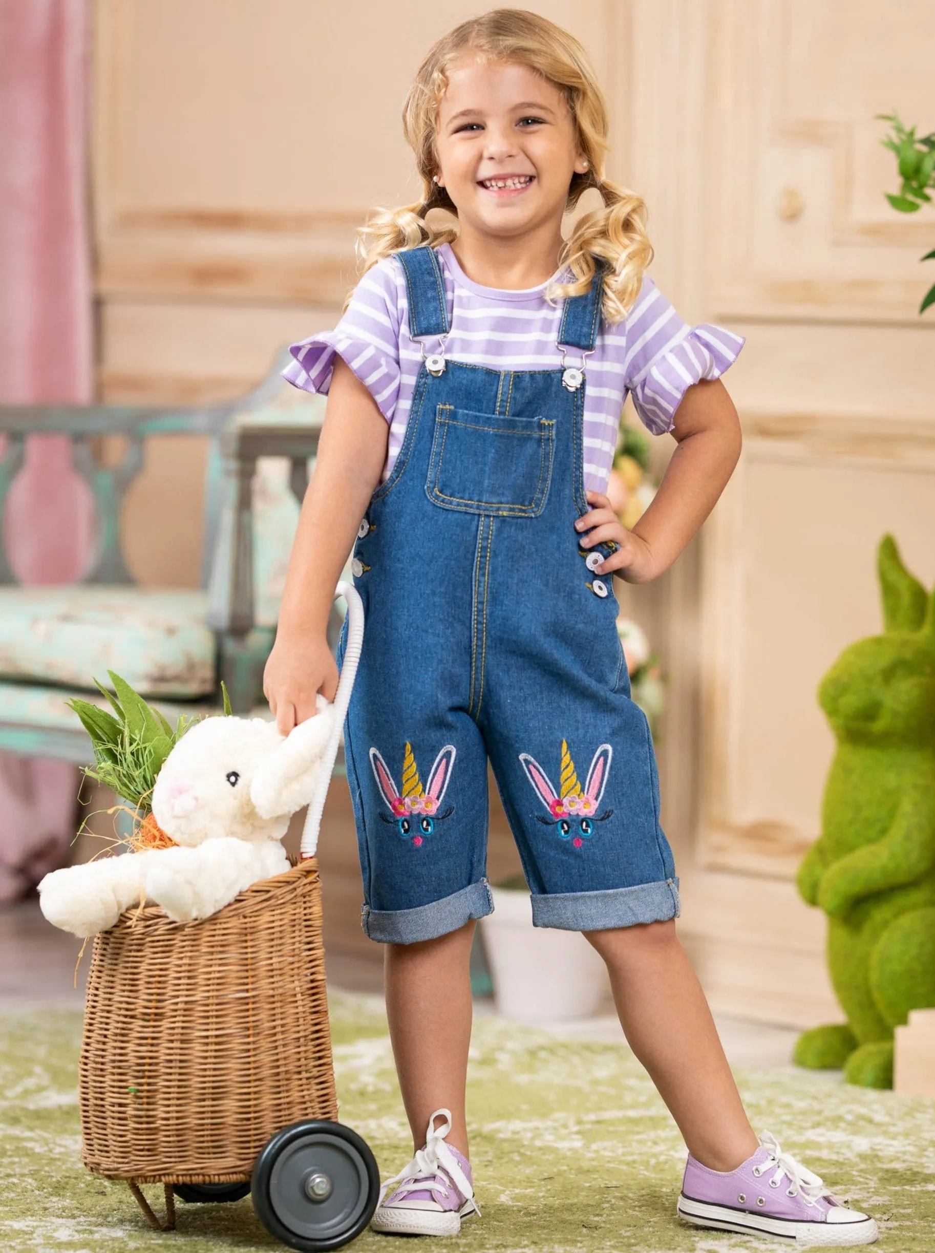 Girls Carefree Days Top with Denim Overall Set