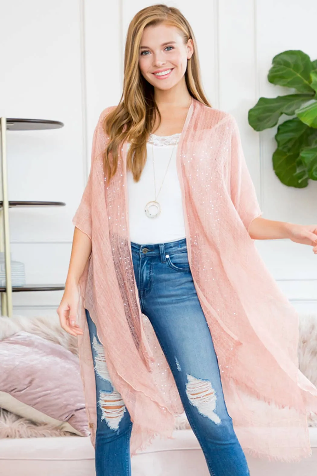 Glittered Fringed Open Cardigan