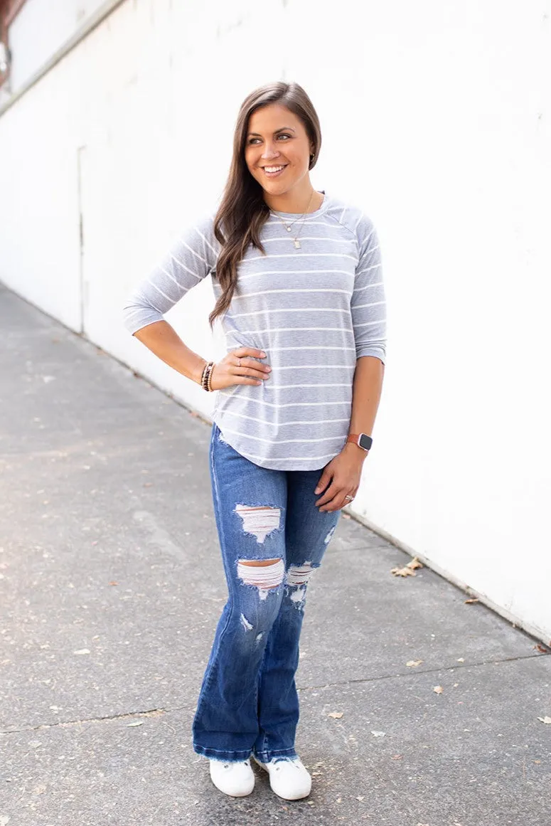 Gray Striped 3/4 Sleeve Top (SM-3X)