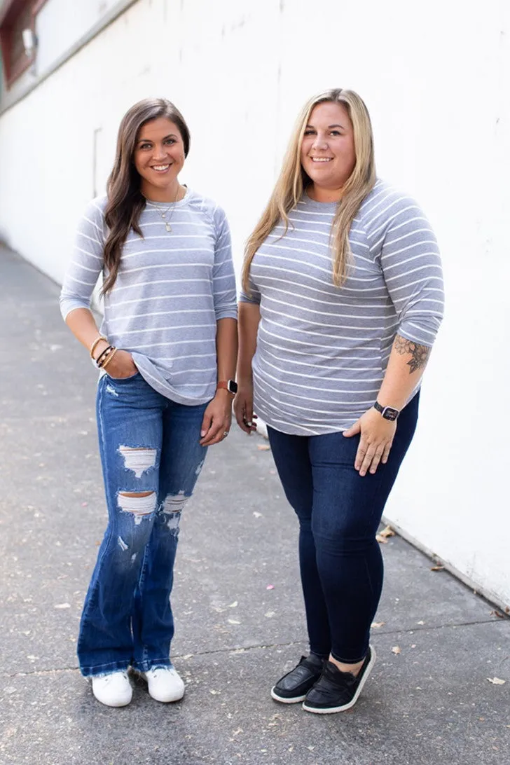 Gray Striped 3/4 Sleeve Top (SM-3X)