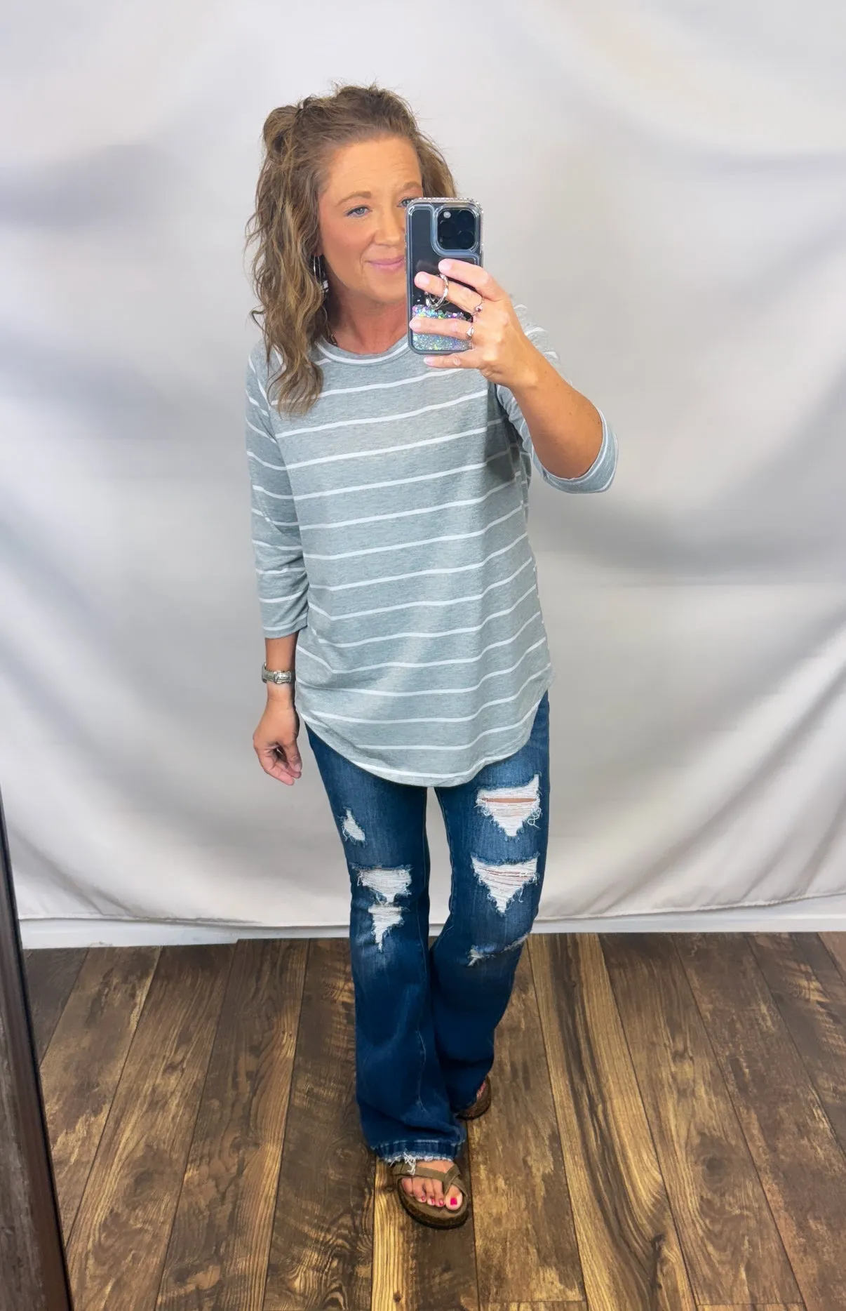 Gray Striped 3/4 Sleeve Top (SM-3X)