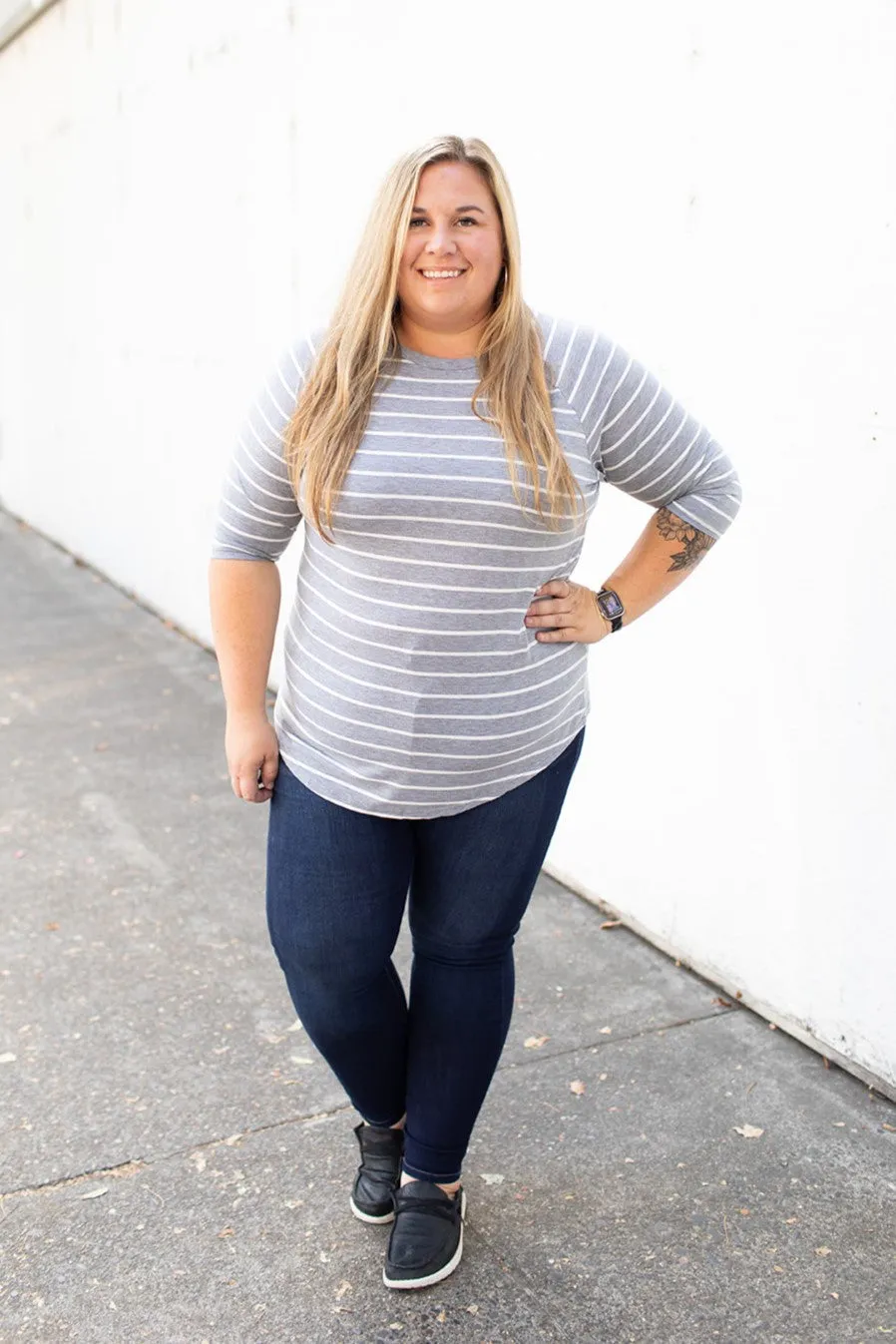 Gray Striped 3/4 Sleeve Top (SM-3X)