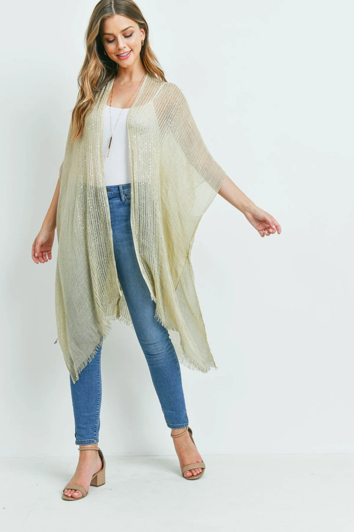 Hdf2498bg - Beige Glittered Fringed Open Cardigan