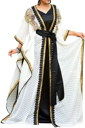 Impressive Black and Off White Jacket Style Moroccan Kaftan