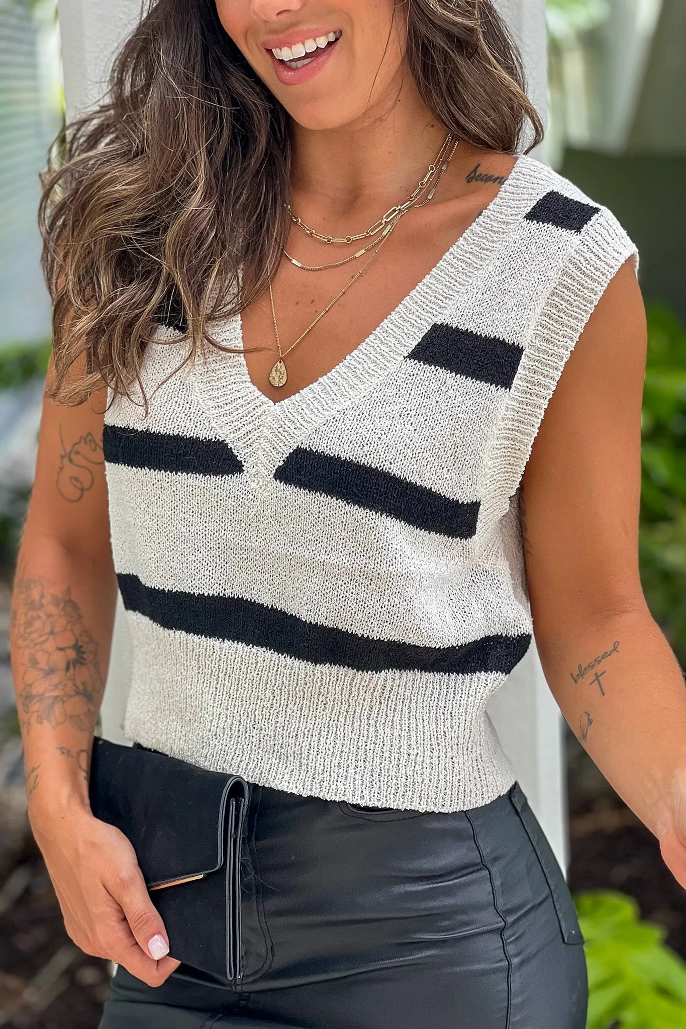 Ivory And Black Striped V-Neck Sweater Vest