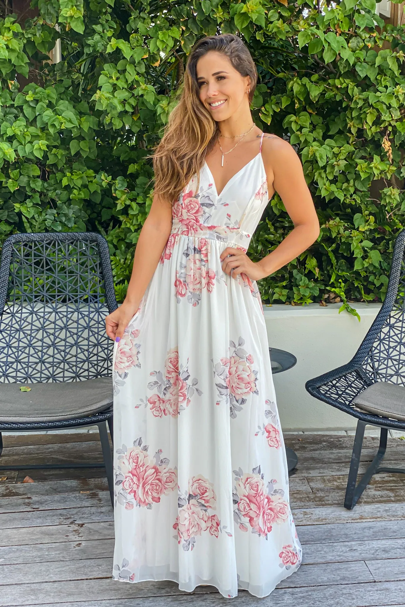 Ivory and Peach Floral Maxi Dress With Lace Back