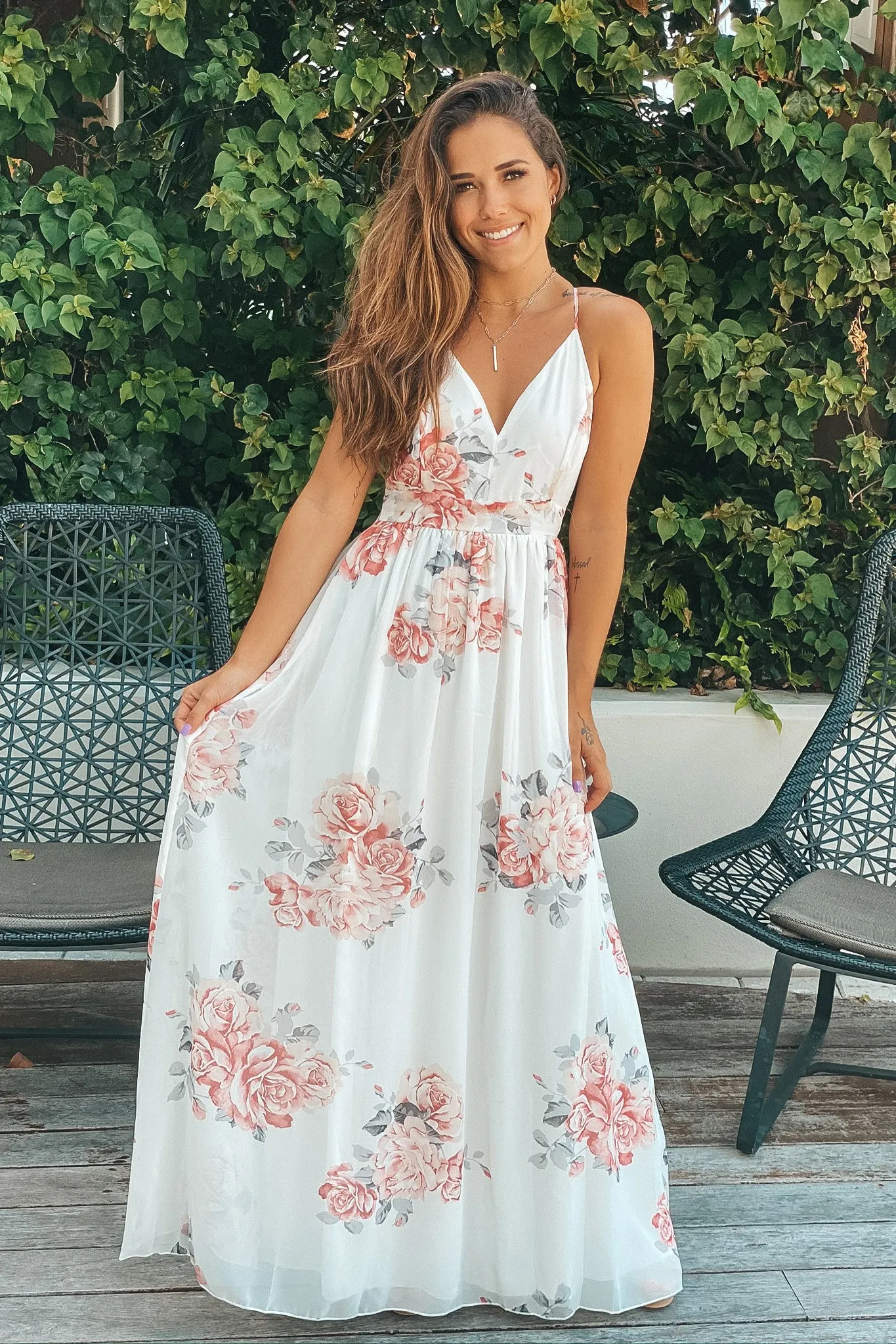 Ivory and Peach Floral Maxi Dress With Lace Back