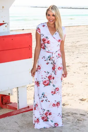 Ivory Floral Maxi Dress with Self Tie Waist