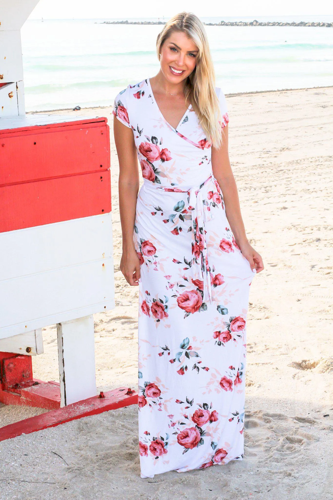 Ivory Floral Maxi Dress with Self Tie Waist