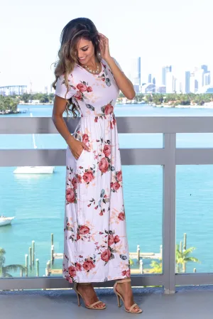 Ivory Floral Maxi Dress with Short Sleeves and Pockets