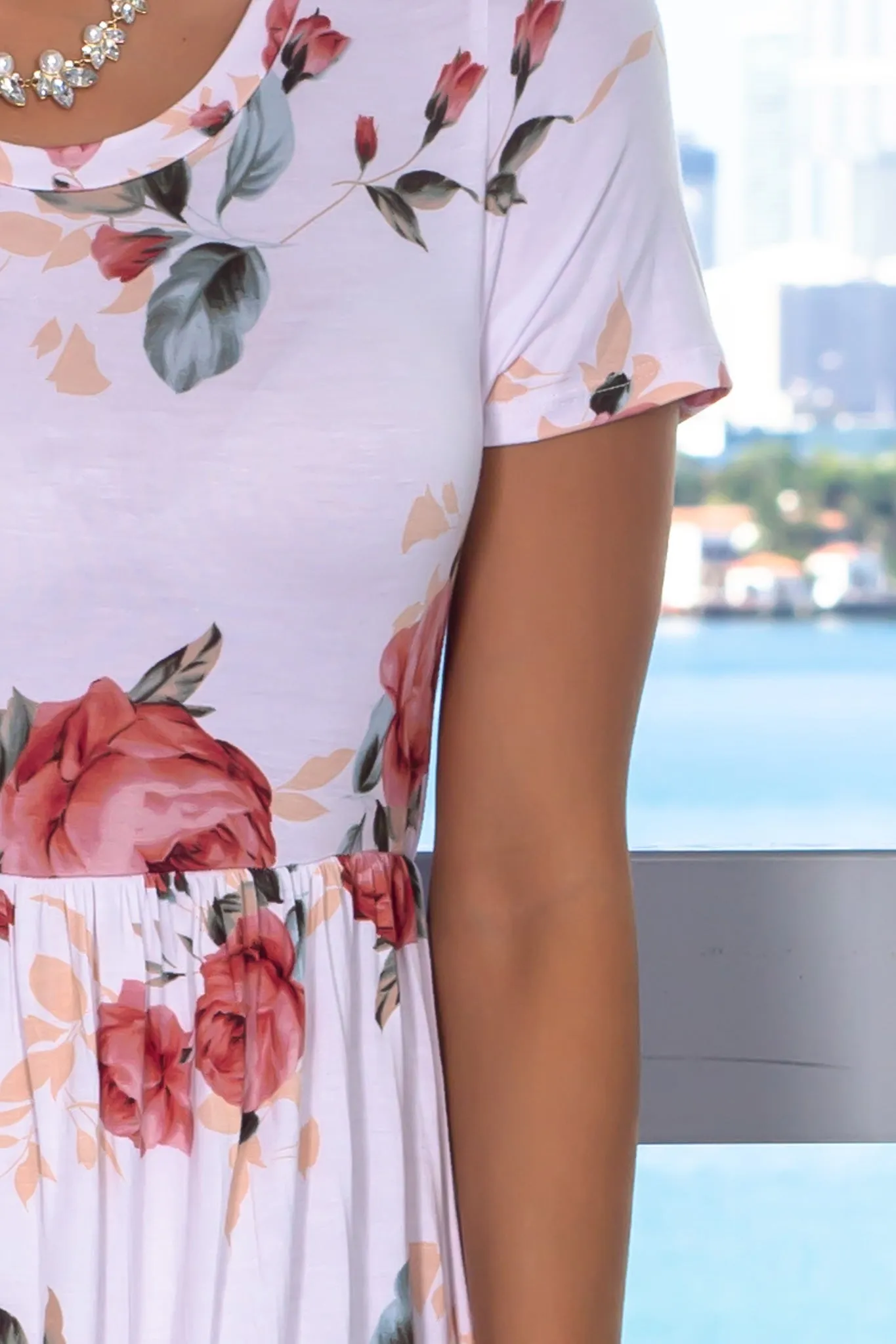 Ivory Floral Maxi Dress with Short Sleeves and Pockets