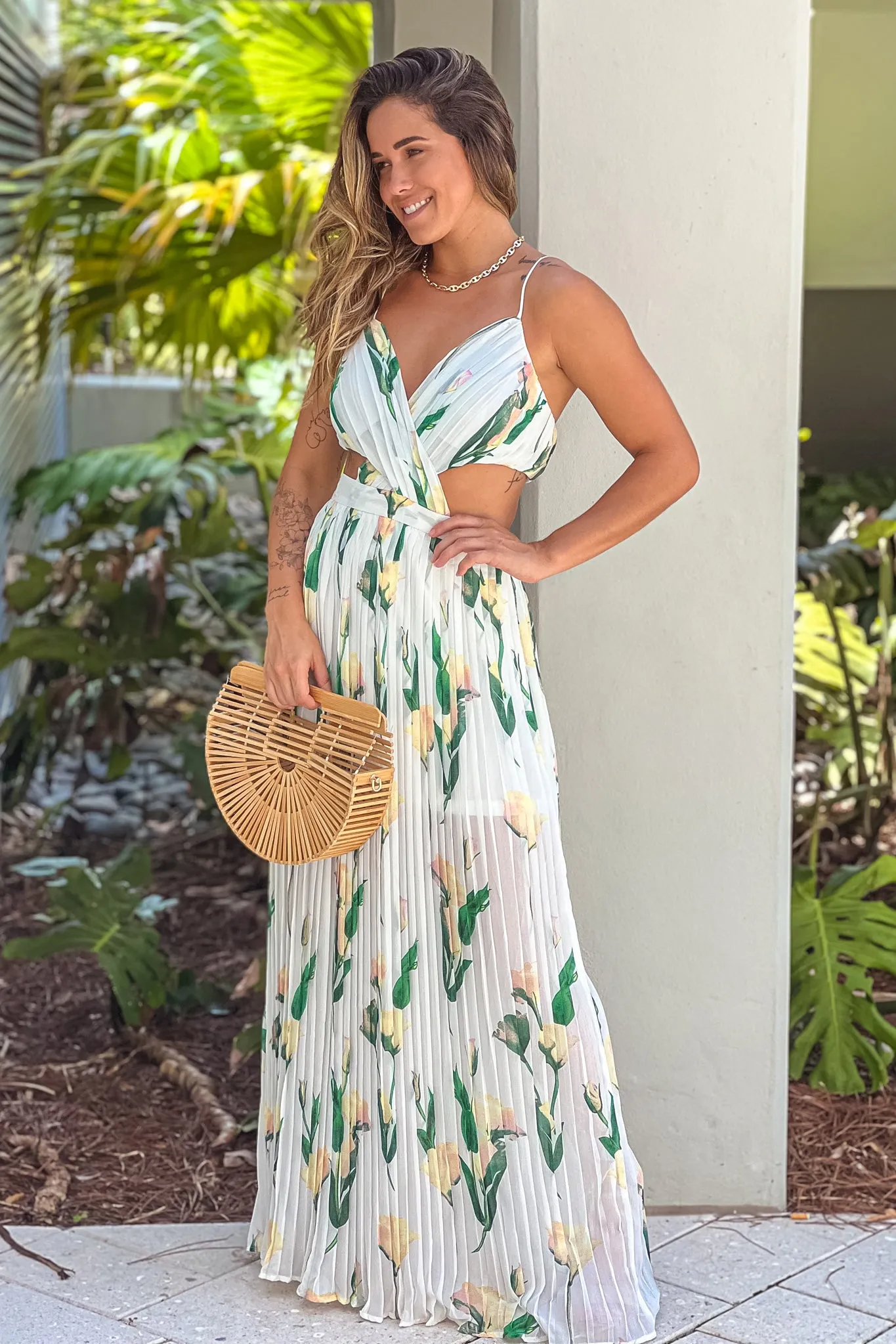 Ivory Floral Pleated Maxi Dress With Cut Outs