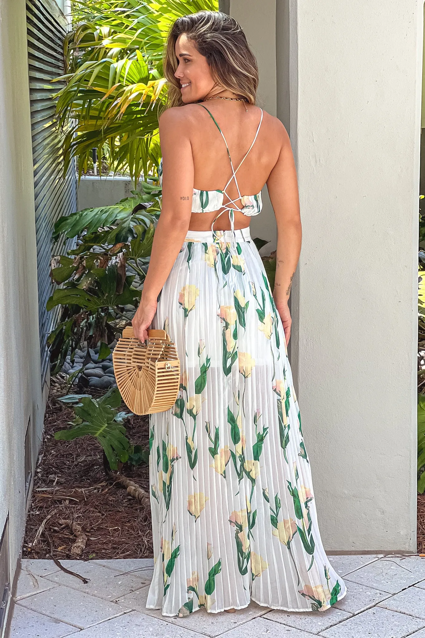 Ivory Floral Pleated Maxi Dress With Cut Outs