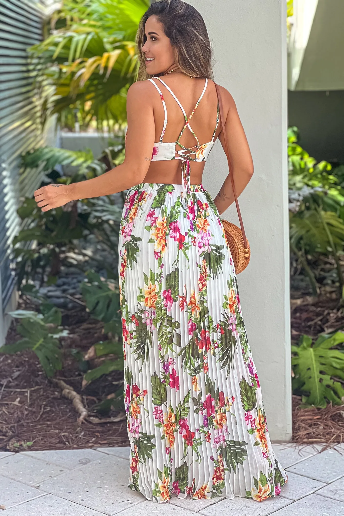 Ivory Floral Pleated Maxi Dress With Open Back