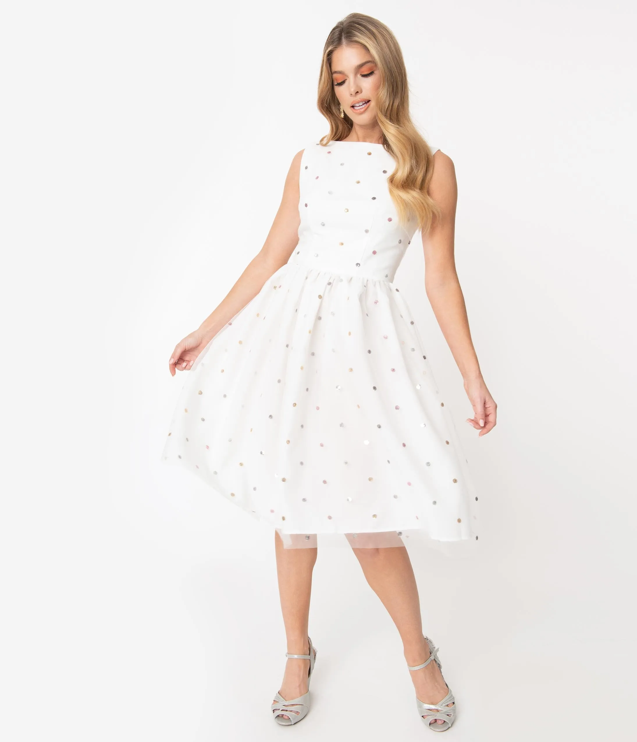 Ivory Mesh & Rainbow Sequin Dots Audrey Swing Dress