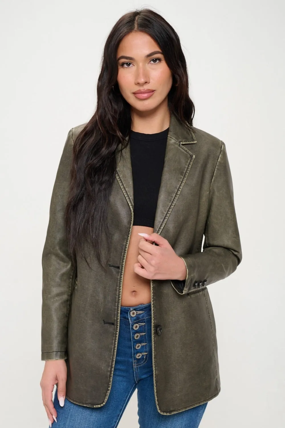 KESLEY Vegan Leather Single-Breasted Vegan Leather Blazer