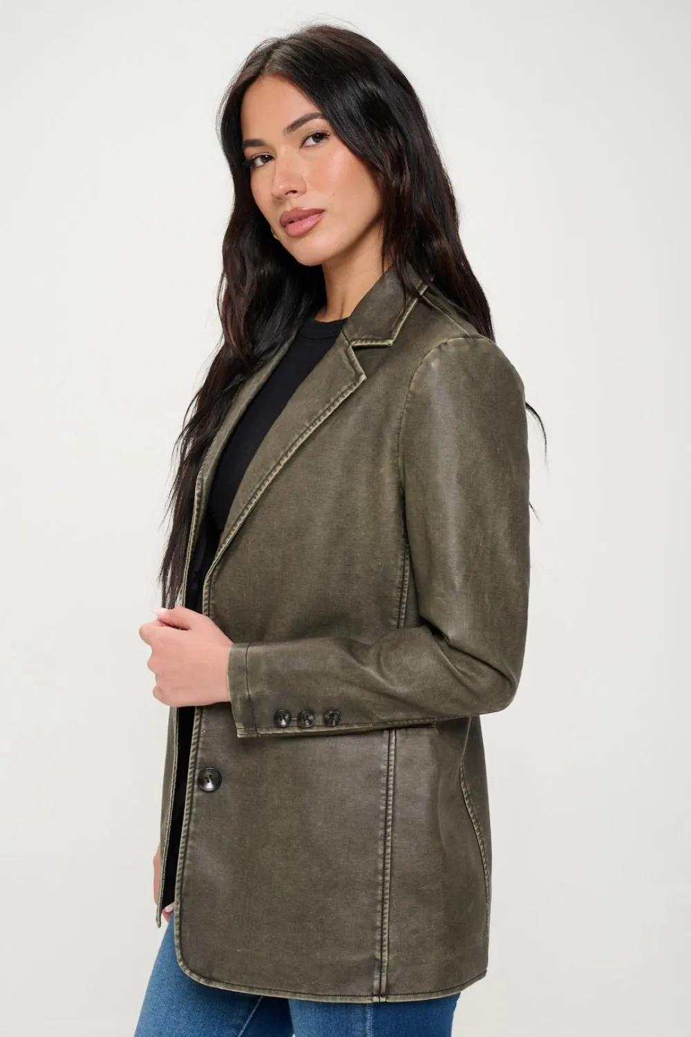 KESLEY Vegan Leather Single-Breasted Vegan Leather Blazer