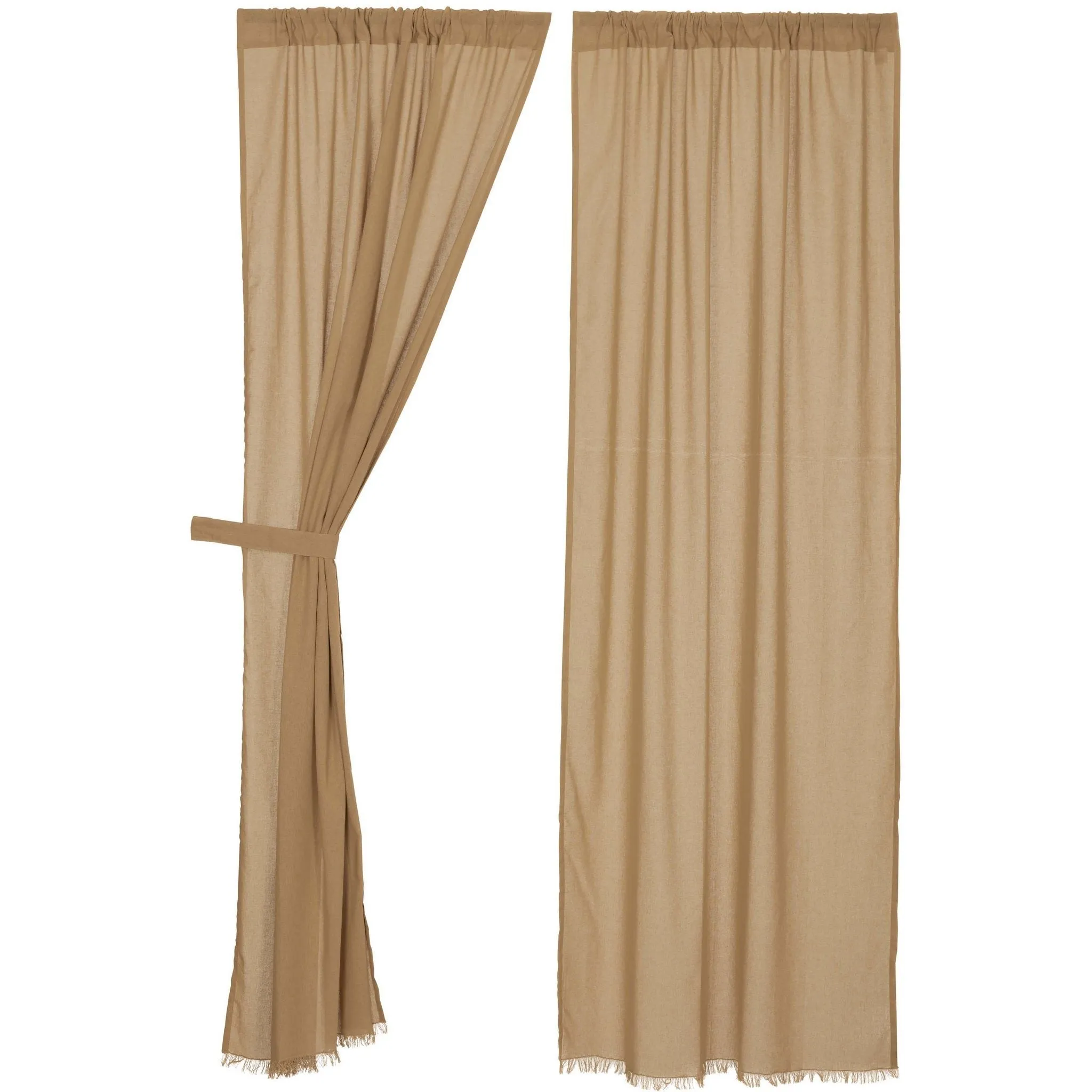 Khaki Fringed Tobacco Cloth Panel Curtains 84"