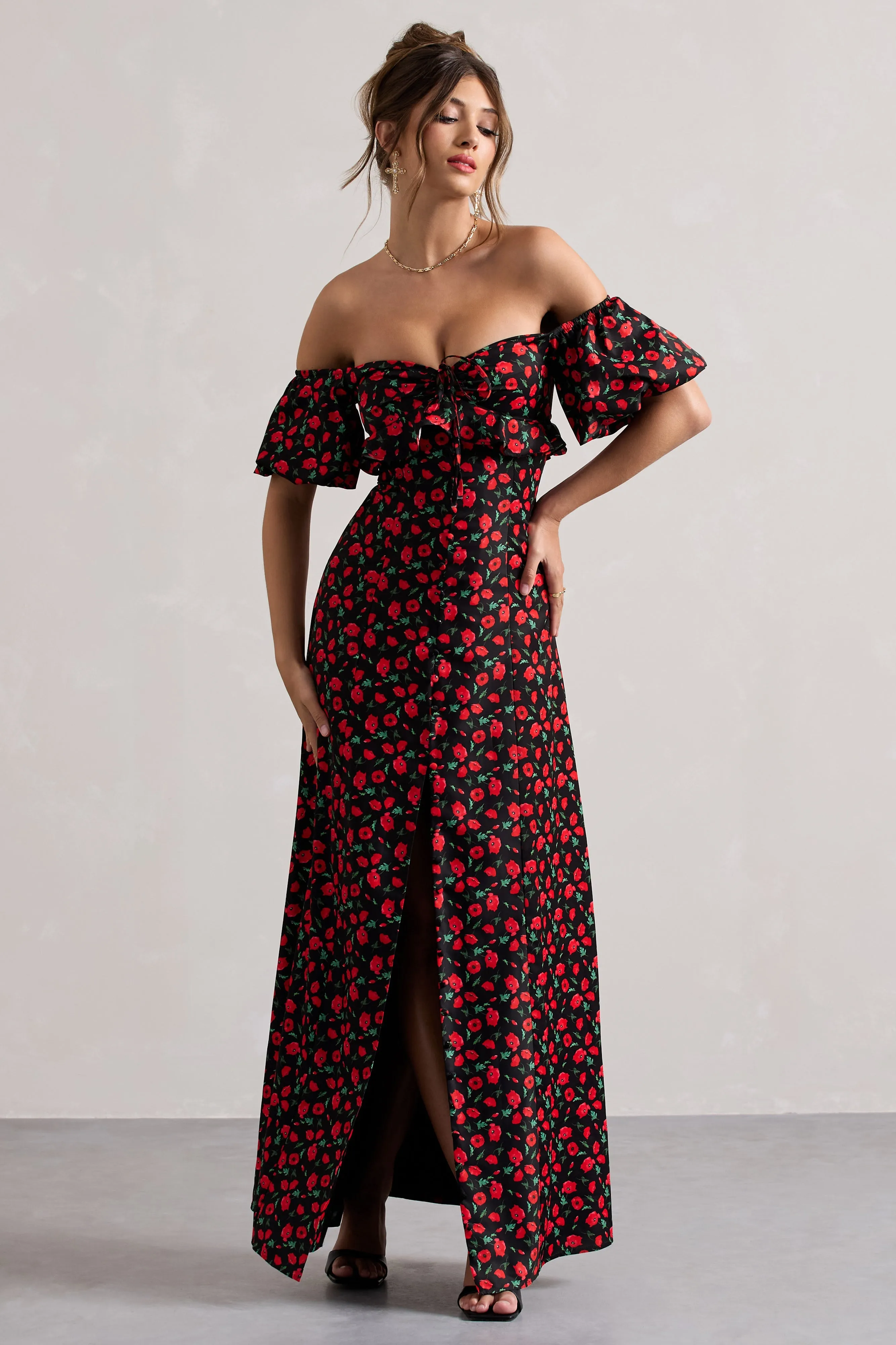 Lenna | Black & Red Floral Bardot Buttoned Split Maxi Dress