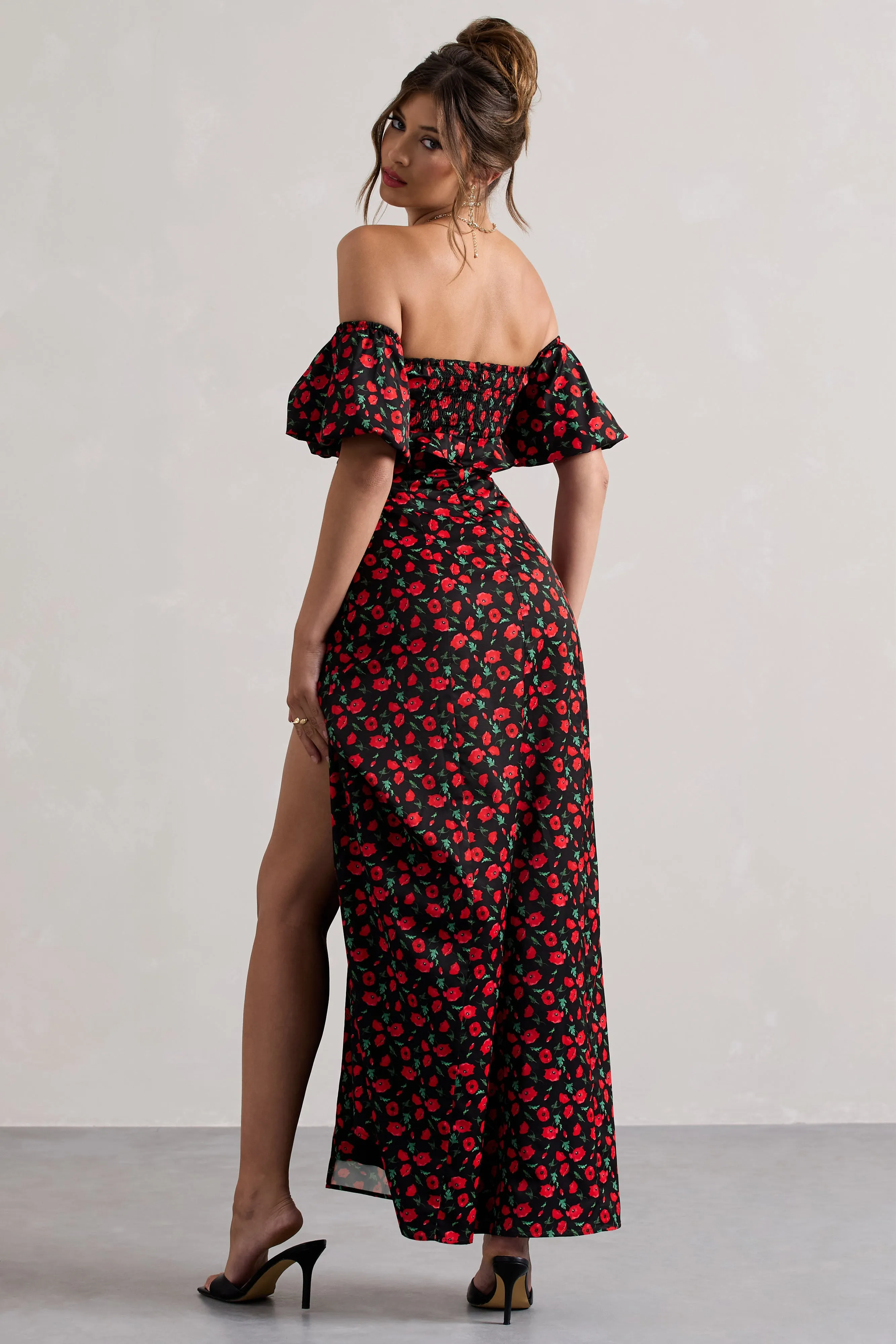 Lenna | Black & Red Floral Bardot Buttoned Split Maxi Dress