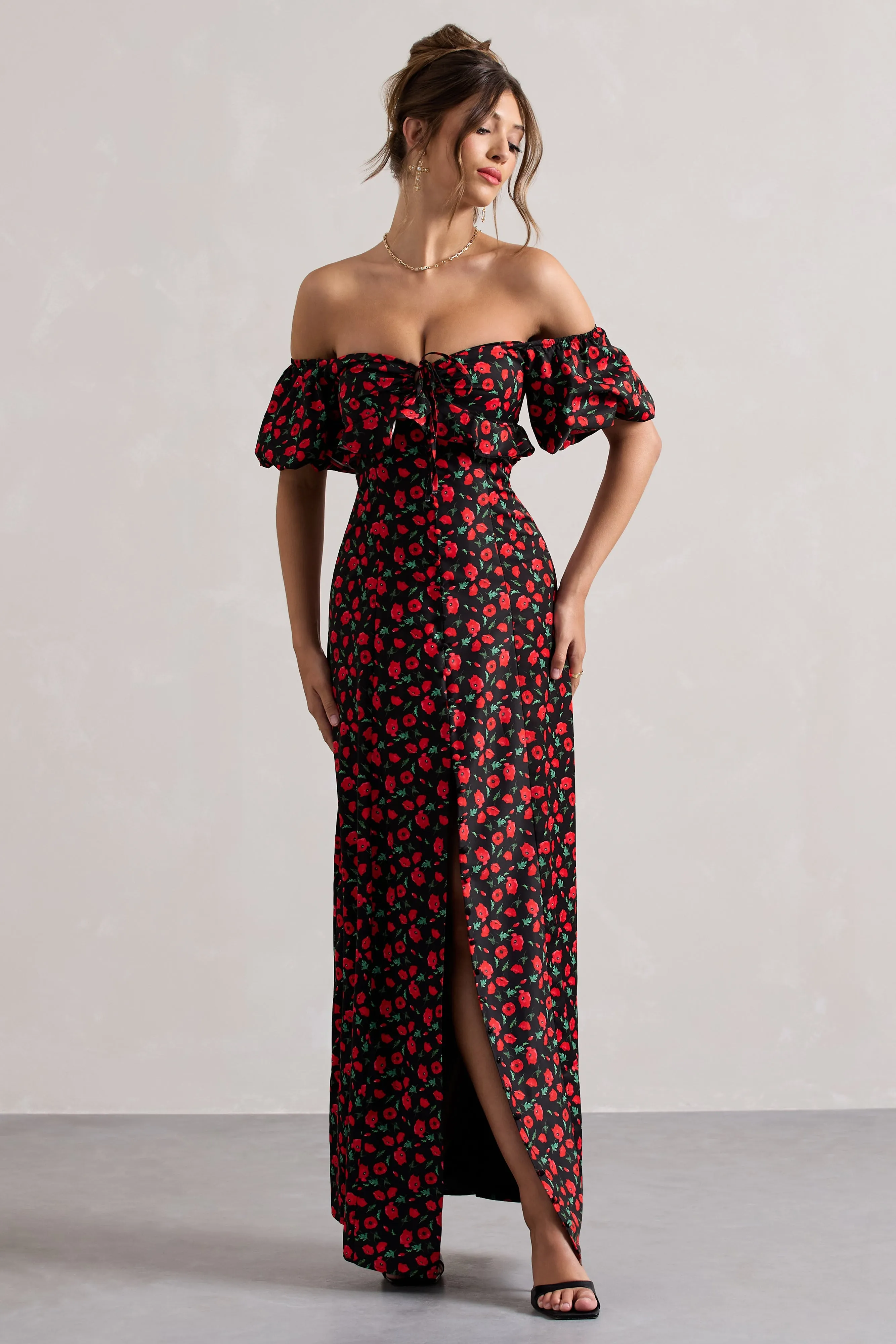 Lenna | Black & Red Floral Bardot Buttoned Split Maxi Dress