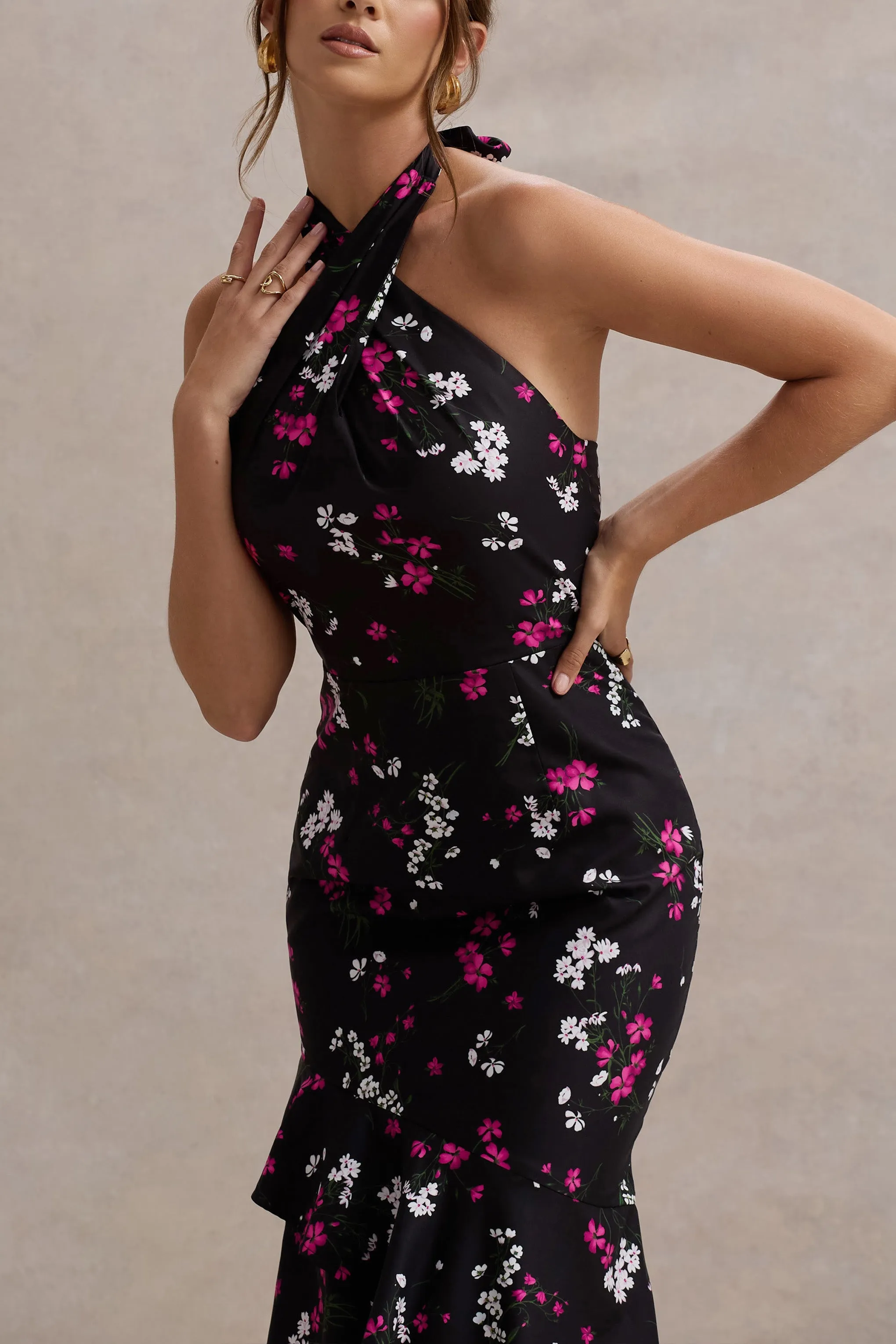 Melodia | Black Ditsy Floral Print Satin Halter-Neck Ruffled Maxi Dress