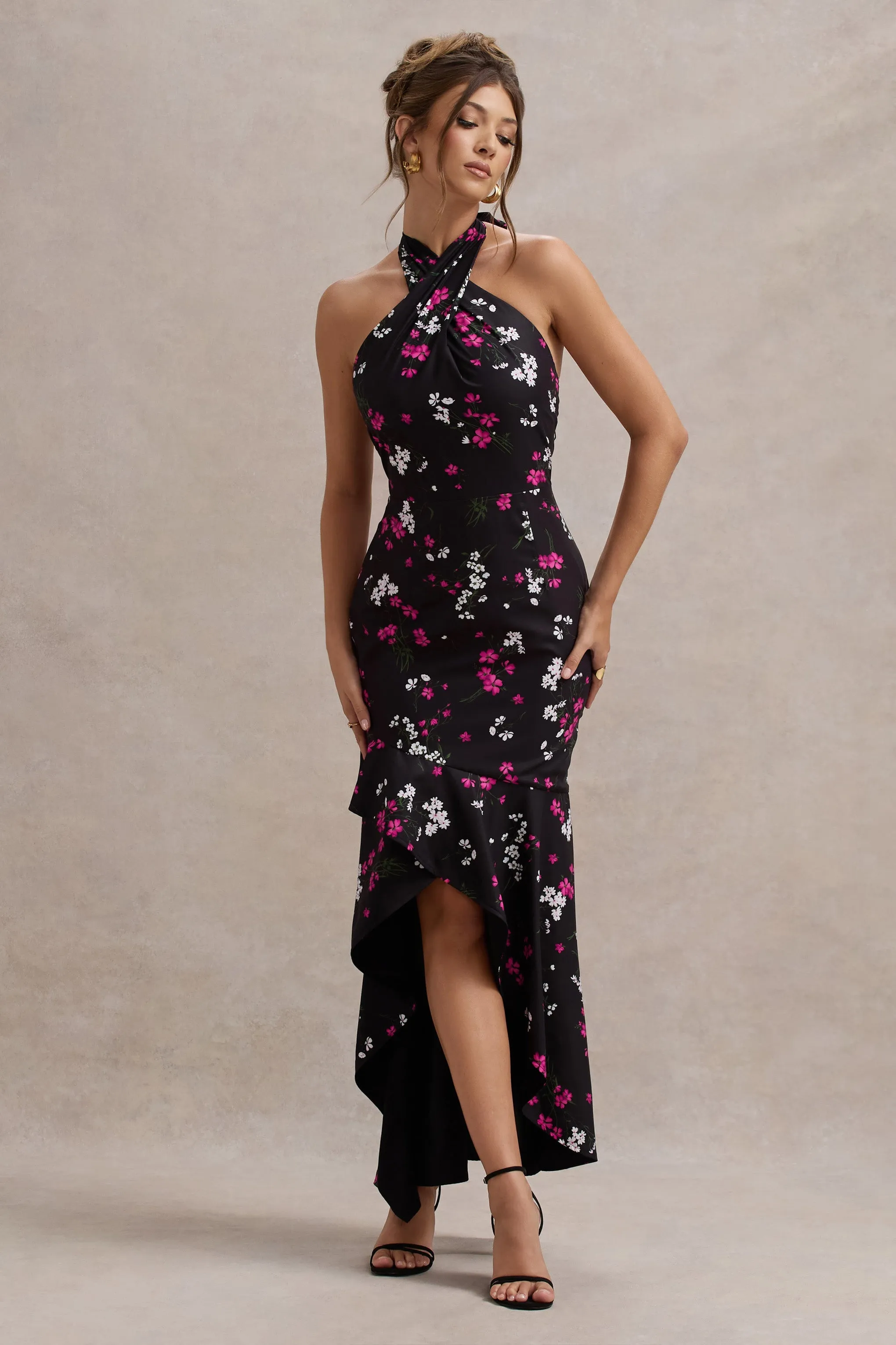 Melodia | Black Ditsy Floral Print Satin Halter-Neck Ruffled Maxi Dress