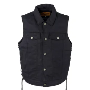 Mens Black Denim Motorcycle Vest Fold Down Collar Side Laces