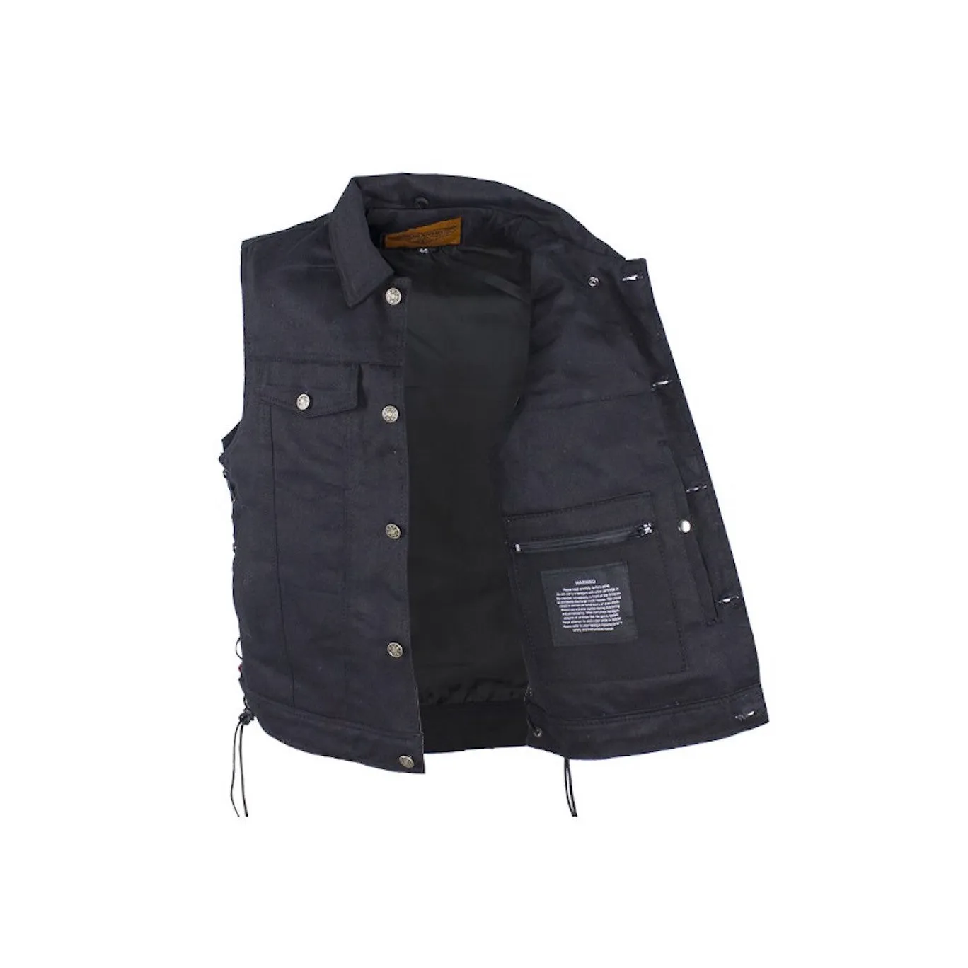 Mens Black Denim Motorcycle Vest Fold Down Collar Side Laces