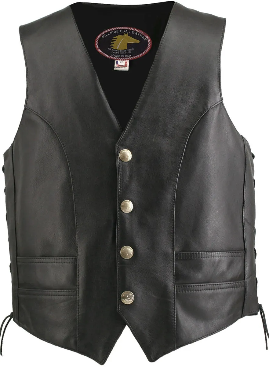 Men's Made in USA Horsehide Leather Motorcycle Vest Buffalo Nickel Snaps