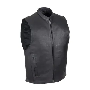 Mens Naked Leather Motorcycle Club Style Vest With Mandarin Stand Up Collar