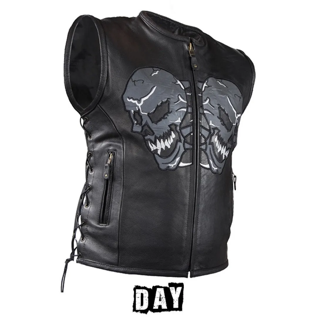 Mens Soft Leather Motorcycle Vest With Reflective Skulls