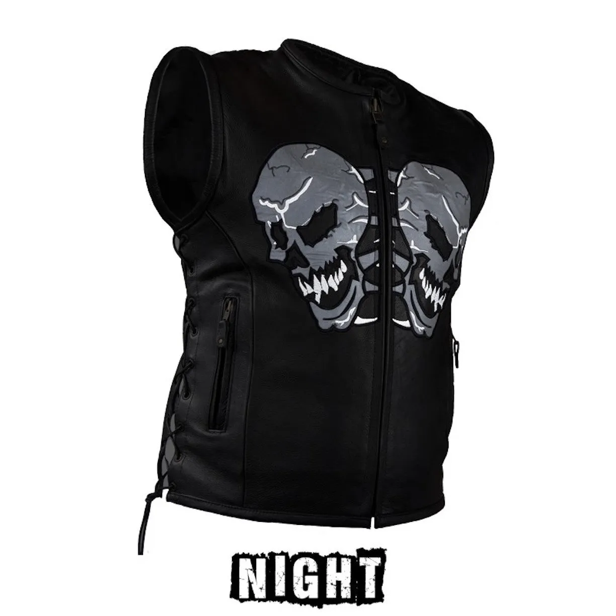 Mens Soft Leather Motorcycle Vest With Reflective Skulls